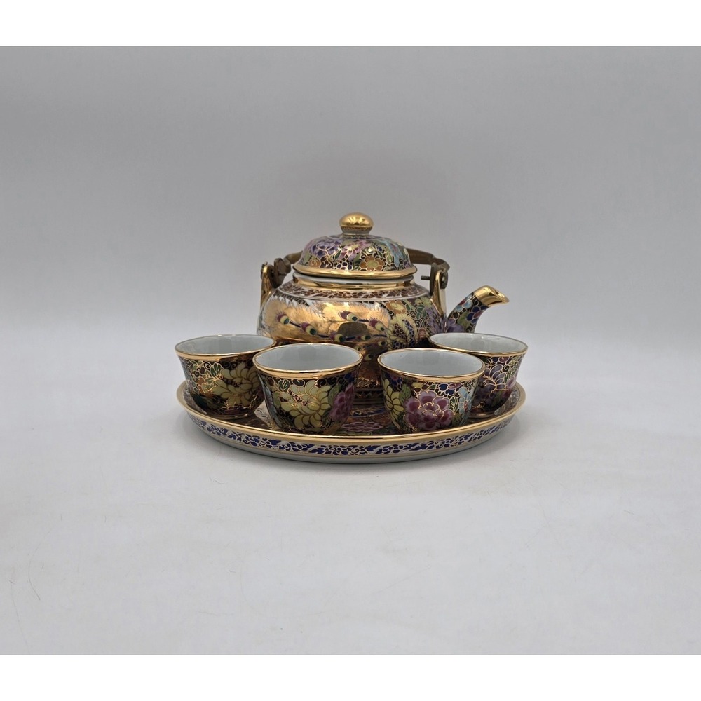 Benjarong Porcelain Tea Set With tray Gold Colorful Peacocks Flowers Teapot‎